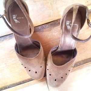 Suede almond toe wedges